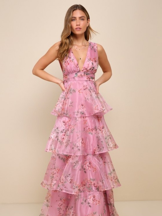 Lulus Dresses & Skirts - Lulus Garden Radiance Pink Floral Print Organza Tiered Maxi Dress - Size M